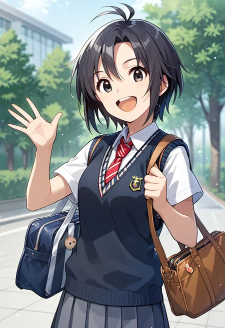 score_9, score_8_up, score_7_up, source_anime,kikuchi makoto, short hair, black hair, antenna hair, black eyes, 1girl, solo, bag, necktie, open mouth, smile, school uniform, sweater vest,  waving,  shirt