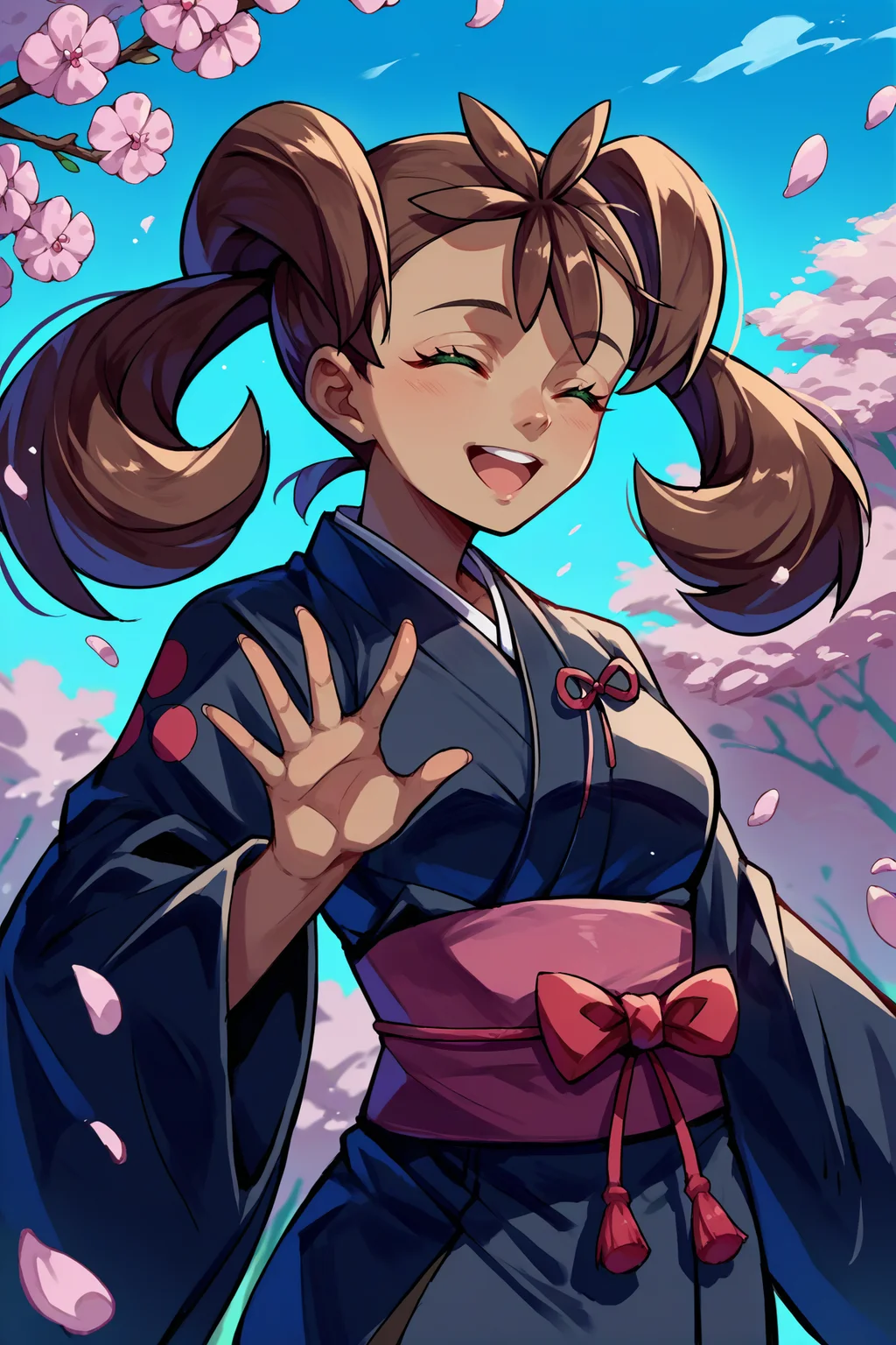 score_9, score_8_up, score_7_up, score_6_up, source_anime, 1girl, solo, <lora:pkmnshauna-pdxl-nvwls-v1-000005:1> defSana, dark-skinned female, twintails, brown hair, long hair, green eyes, black kimono, sash, closed eyes, happy, blue sky, cherry blossoms, medium breasts