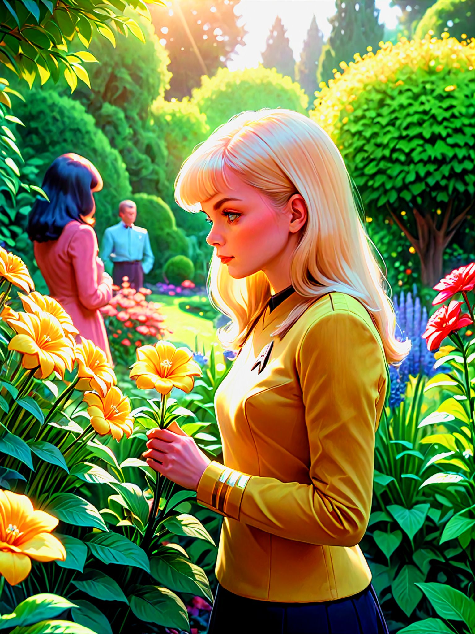 yellow stsnwunf uniform,illustration by jack kirby ,woman admiring a flower in a garden,masterpiece, best quality, soft light, bokeh, real shadow, cinematic, subsurface scuttering,<lora:SNWXLV2:0.8>
