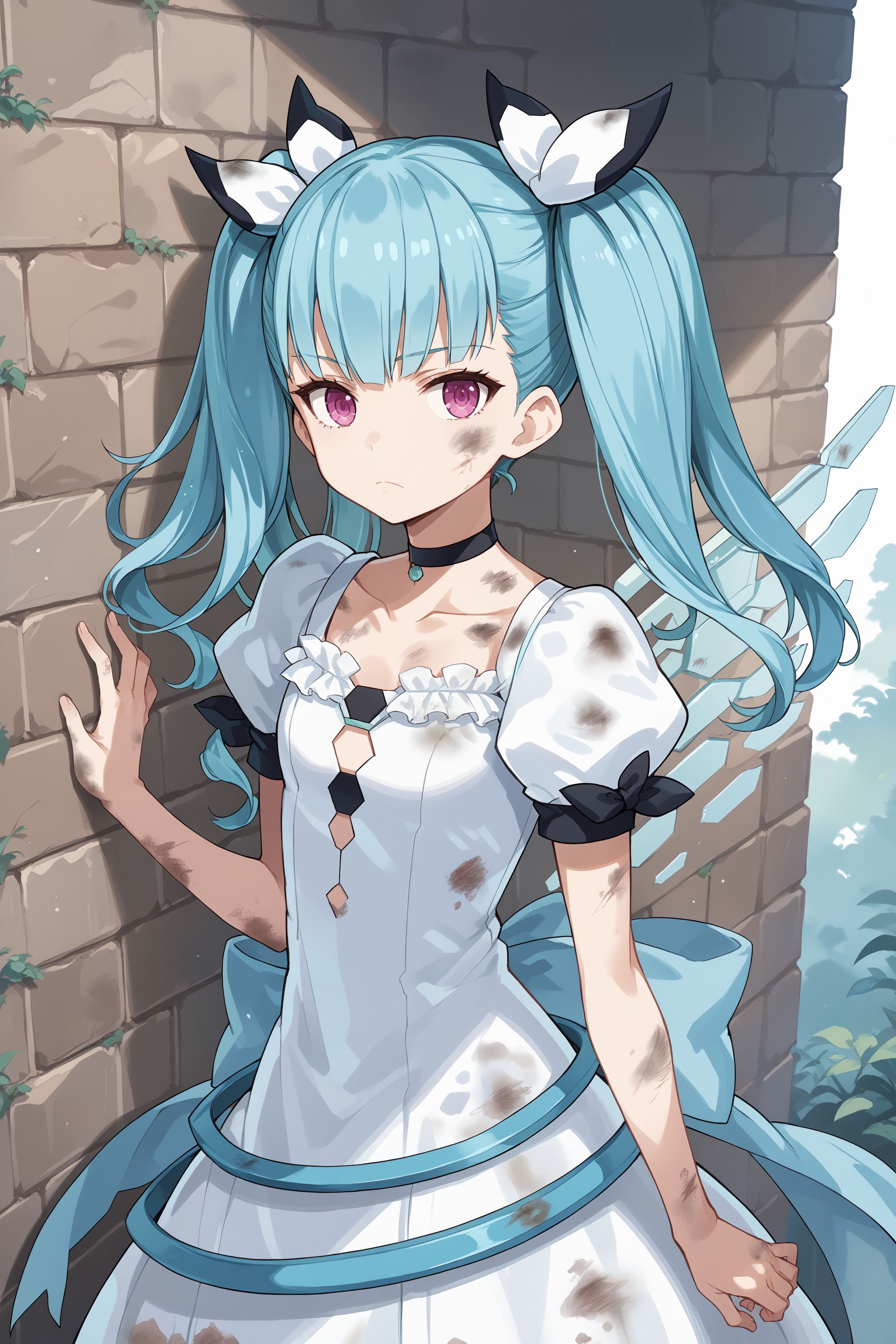 score_max, (score_9, score_8_up, score_7_up:1.2), score_6_up, official art, source_anime,
, masterpiece, absurdres, high detail, 8k,
stone wall, behind wall, face shot, from front,
standing, expressionless, frown, serious, looking at viewer, dirty, oil,
ddphibachi, twintails, quad tails, hair bow, choker, white dress, collarbone, puffy short sleeves, wings,
<lora:XL_Pony_gomaotsu-hibachi-t3:1.0>