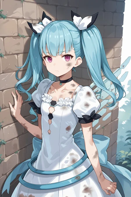 score_max, (score_9, score_8_up, score_7_up:1.2), score_6_up, official art, source_anime,
, masterpiece, absurdres, high detail, 8k,
stone wall, behind wall, face shot, from front,
standing, expressionless, frown, serious, looking at viewer, dirty, oil,
ddphibachi, twintails, quad tails, hair bow, choker, white dress, collarbone, puffy short sleeves, wings,
<lora:XL_Pony_gomaotsu-hibachi-t3:1.0>