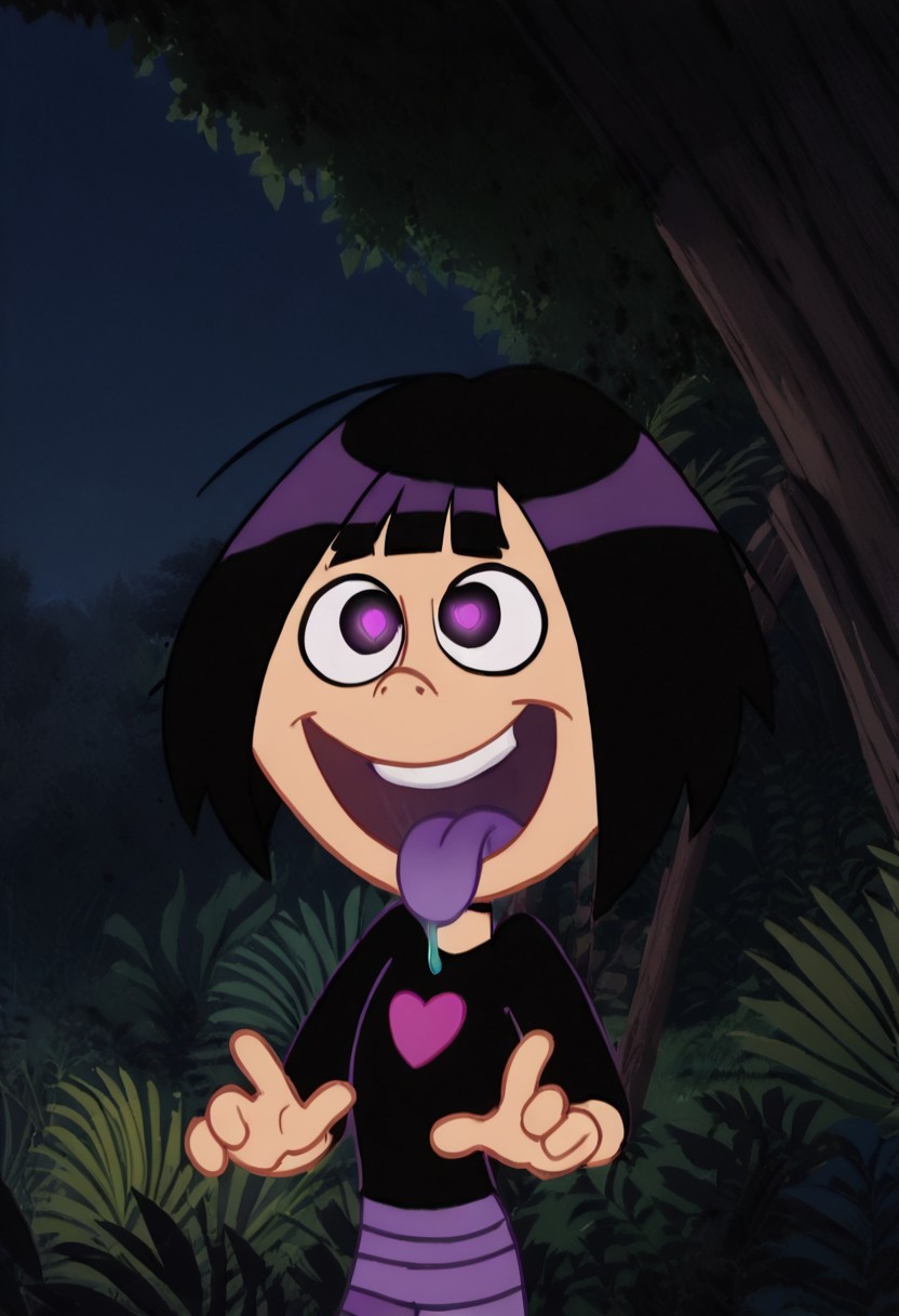 safe_pos, score_9, score_8, score_9, 4k, 8k, highly detailed BREAK, show_accurate, perfect hands,
 4k, 8k, highly detailed, masterpiece, high quality, SCTGMMG, ShareenaWD2, bangs, dark hair, short hair, bob cut, dark shirt, heart on chest, stripped leggings, boots, Cowboy Shot, ((Glowing Purple Eyes, shiny, smiling, Drooling, saliva:1.7, tongue exhibit, purple tongue)), rich in colors, jungle, nature, night