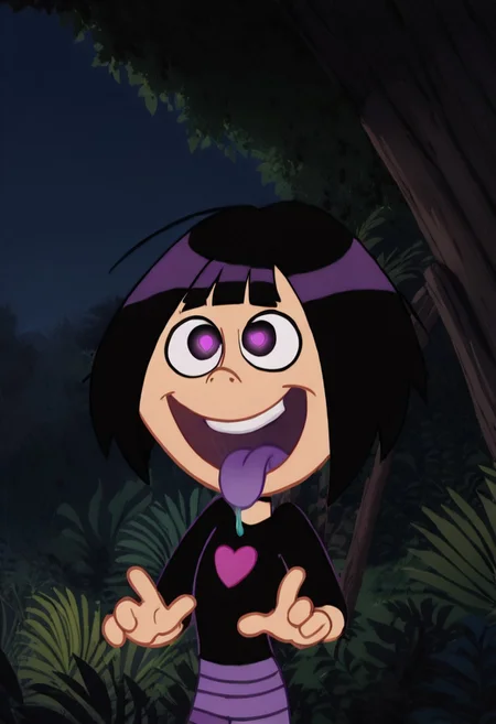 safe_pos, score_9, score_8, score_9, 4k, 8k, highly detailed BREAK, show_accurate, perfect hands,
4k, 8k, highly detailed, masterpiece, high quality, SCTGMMG, ShareenaWD2, bangs, dark hair, short hair, bob cut, dark shirt, heart on chest, stripped leggings, boots, Cowboy Shot, ((Glowing Purple Eyes, shiny, smiling, Drooling, saliva:1.7, tongue exhibit, purple tongue)), rich in colors, jungle, nature, night