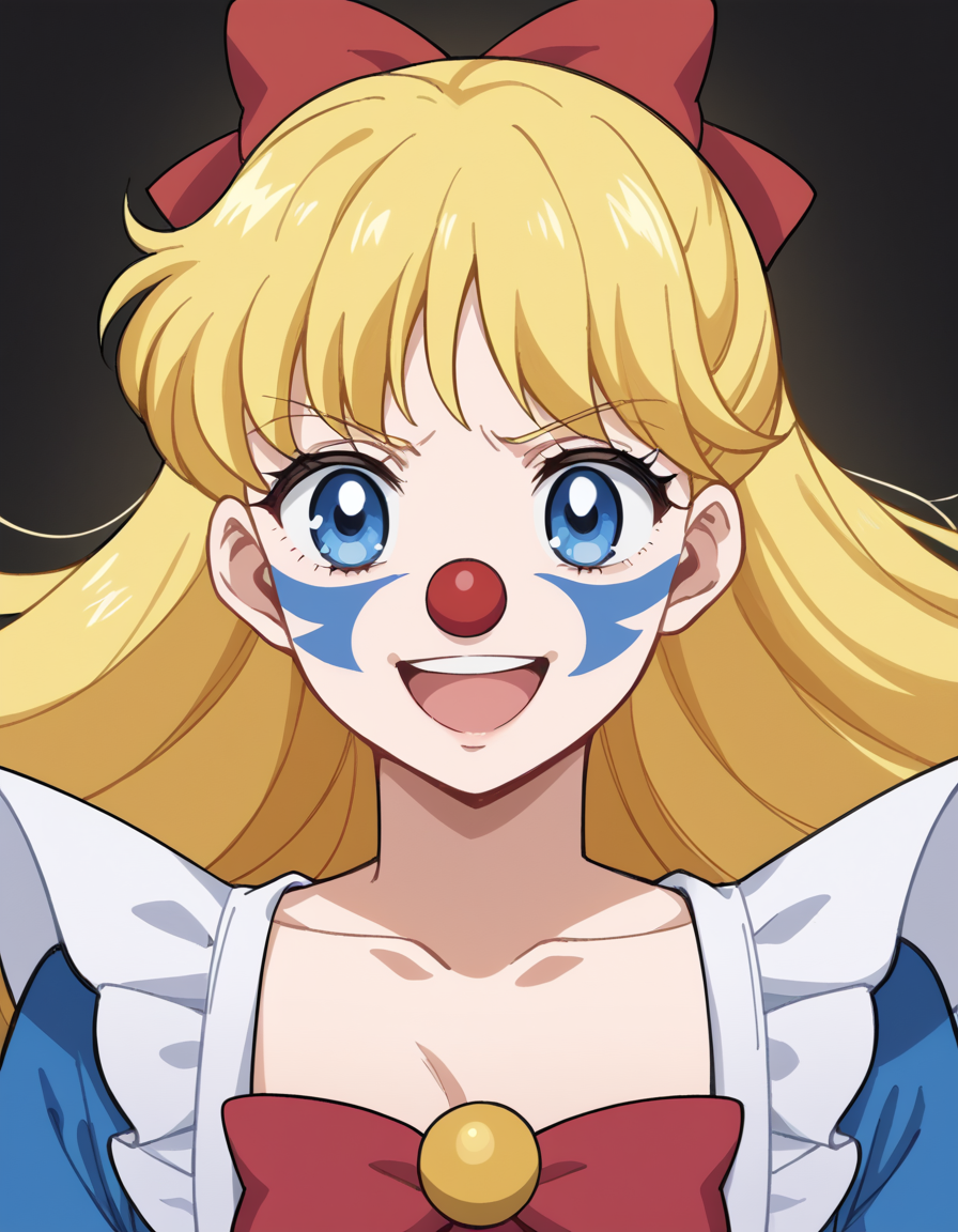 score_9, score_8_up, score_7_up, source_anime, <lora:minako-aino-eternal-movie1-ponyxl-lora-nochekaiser:1>, minako aino, blonde hair, blue eyes, bow, hair bow, half updo, long hair, red bow, tiara,, <lora:clown-ponyxl-lora-nochekaiser:1>, clown, makeup, clown nose, facepaint, gloves, long sleeves, frills, dress,, smile, open mouth, smug,, cowboy shot