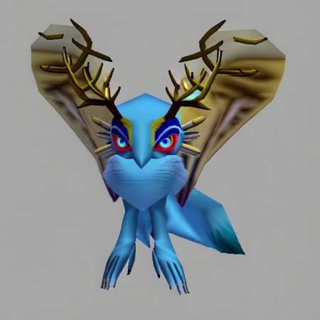 n64zeldastyle, 3d, polygonal, white background, full body, Fecto Elfilis, blue fur, multicolored eyes, head wings, antlers, yellow fur, colored sclera, fluffy tail