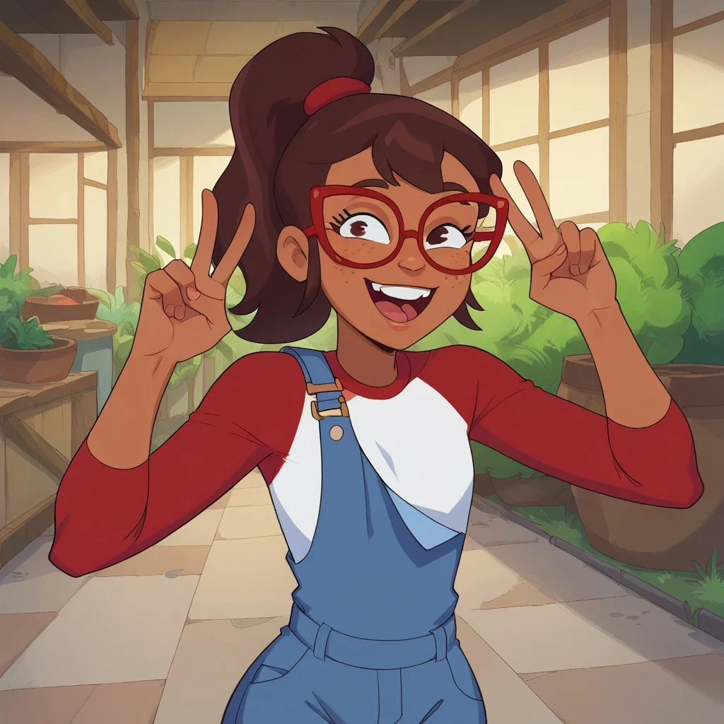 score_9, score_8_up, score_7_, Hailey, Dark-skinned female, Freckles, Brown Hair, Overalls,Shirt, red-framed eyewear, Glasses, wide hips, cute pose, peace signs,