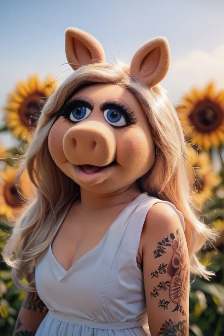 score_9, score_8_up, score_7_up, score_6_up, 1girl, solo, blue eyes, miss piggy, long hair, upper body
a photo of a woman wearing a sundress in a field of sunflowers at sunset, arm tattoo
depth of field, blurry background
<lora:Miss_Piggy_Pony-10:.8>