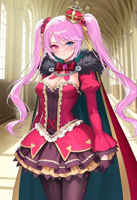 masterpiece, best quality, amazing quality, very aesthetic, high resolution, ultra-detailed, absurdres, newest, scenery, 1girl, solo
slokai_illust, long hair, twintails, crown, heterochromia, gloves, dress, pink hair, pantyhose, cape, cowboy shot
BREAK, detailed background, detailed hair, depth of field, photorealistic details, volumetric lighting