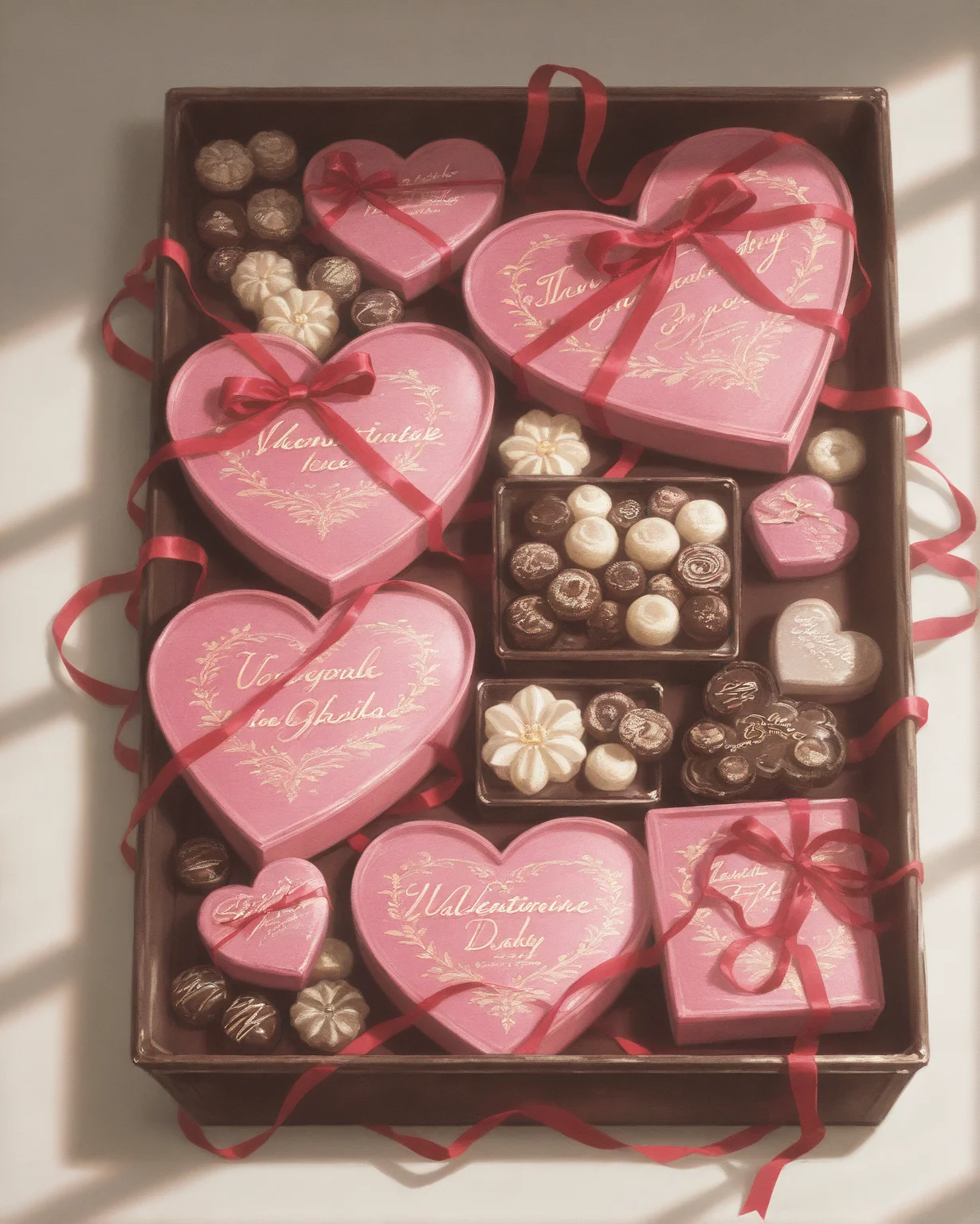 Vintage Valentine candy box, heart-shaped container, pastel pink and red, floral motifs, ribbon accents, vintage typography, love notes, chocolate treats inside, aged metallic finish, soft reflections, intricate patterns, romantic ambiance, nostalgic packaging, 1950s design., vintage photography, nostalgic charm, timeless appeal, old-world aesthetics, classic elegance, warm tones, soft focus, aged textures, evoking nostalgia, historical ambiance, storytelling through imagery, vintage atmosphere, timeless compositions, authentic vintage look, professional techniqueâââ
