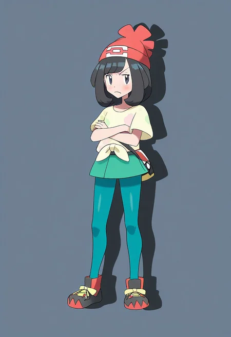 tongue, c0smi5, pokemon, pokemon_sm, selene_(pokemon), akari (pokemon), solo, black eyes, black hair, long hair, red scarf, blue jacket, blue pantyhose, blue skirt, miniskirt, ponytail, white headscarf, japanese clothes, black sash, hair between eyes, black_hair, blush, closed_mouth, crossed_arms, frown, glaring, grey_eyes, hat, jitome, looking_at_viewer, medium_hair, red_hat, shirt, short_sleeves, solo, Selene_(Pokemon), TzigoCBS, yellow_shirt, original anime style, full body