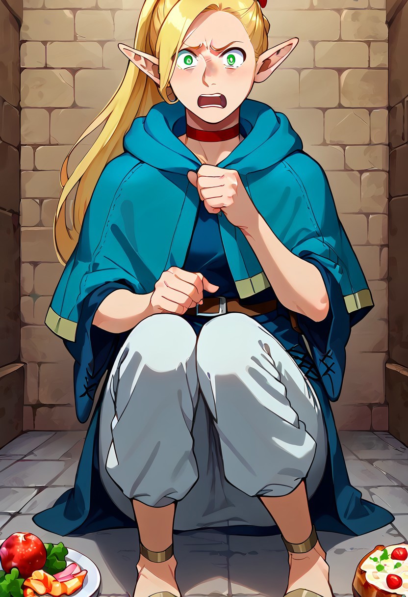 score_9,score_8_up,score_7_up,score_6_up, source_anime,2d, cowboy shot,dungeon meshi, blue light,sitting on floor, looking at floor, disgusted face,
BREAK 
marcille donato, marcille original outfit, 1girl, pointy ears, elf, long hair, sandals, choker, pouch, ponytail, hood, belt, pants, hooded capelet, blue capelet, belt pouch, living staff, 
BREAK 
food on floor,food focus,
Food, (blue food), surprised, open mouth,
masterpiece, best quality, very aesthetic, absurdres,
BREAK 
[dark dungeon, stone walls, flickering torches, eerie shadows, damp and humid atmosphere, ]