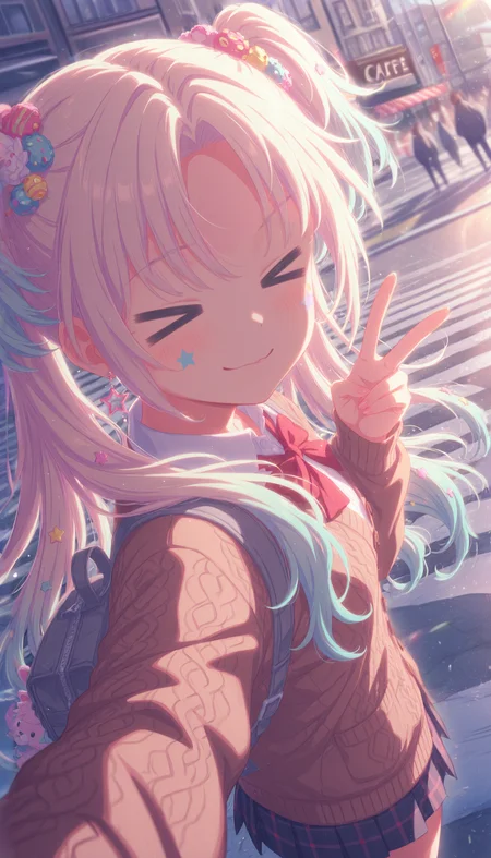 1girl, taking a selfie, osawa rurino, link! like! love live!, gradient light blue eyes, long gradient blonde::: blue hair, twintails, parted bangs, white and pink hair flowers, fang, 
(>_<),
BREAK
wearing  (brown cardigan, cable knit, buttons, star earrings, bow, plushie in pocket, star sticker on cheek, school uniform, bowtie, untucked white shirt, black miniskirt, pleated skirt, plaid skirt), (too many hair ornaments:1.3), bead bracelet, colored fingernails, bag charm, backpack,
BREAK
looking at viewer,
looking back, v,
(outdoors, awning, cityscape, street, crosswalk, cafe, storefront, crowd, sky),
(decora:1.3), (pastel colors:1.2), 
QUALITY
(masterpiece, very aesthetic, absurdres), 
BREAK
at noon, (sunbeam:1.1), (sunlight:1.1), rainbow highlights, bloom, dramatic lighting, (particles:1.2), (blurry background:1.2),  (from above,close-up,portrait), dutch angle, blue shadow, sidelighting, dynamic pose, extreme perspective, film grain,
<lora:DynamicPoseIL2att_alpha1.0_rank4_noxattn_900steps:1.5>, <lora:illustrious_quality_modifiers_masterpieces_v1:1>, <lora:Dramatic Lighting SliderIL:3>,<lora:outline_xl_end:-10>, <lora:EnvyZoomSliderXL01:2.5>, <lora:il_contrast_slider_d1:-0.5>, <lora:colorful_sdxl_v2_lbw:1>, <lora:StS-Illustrious-Detail-Slider-v1.0:1>, <lora:darkness_xl_v20:0.65>