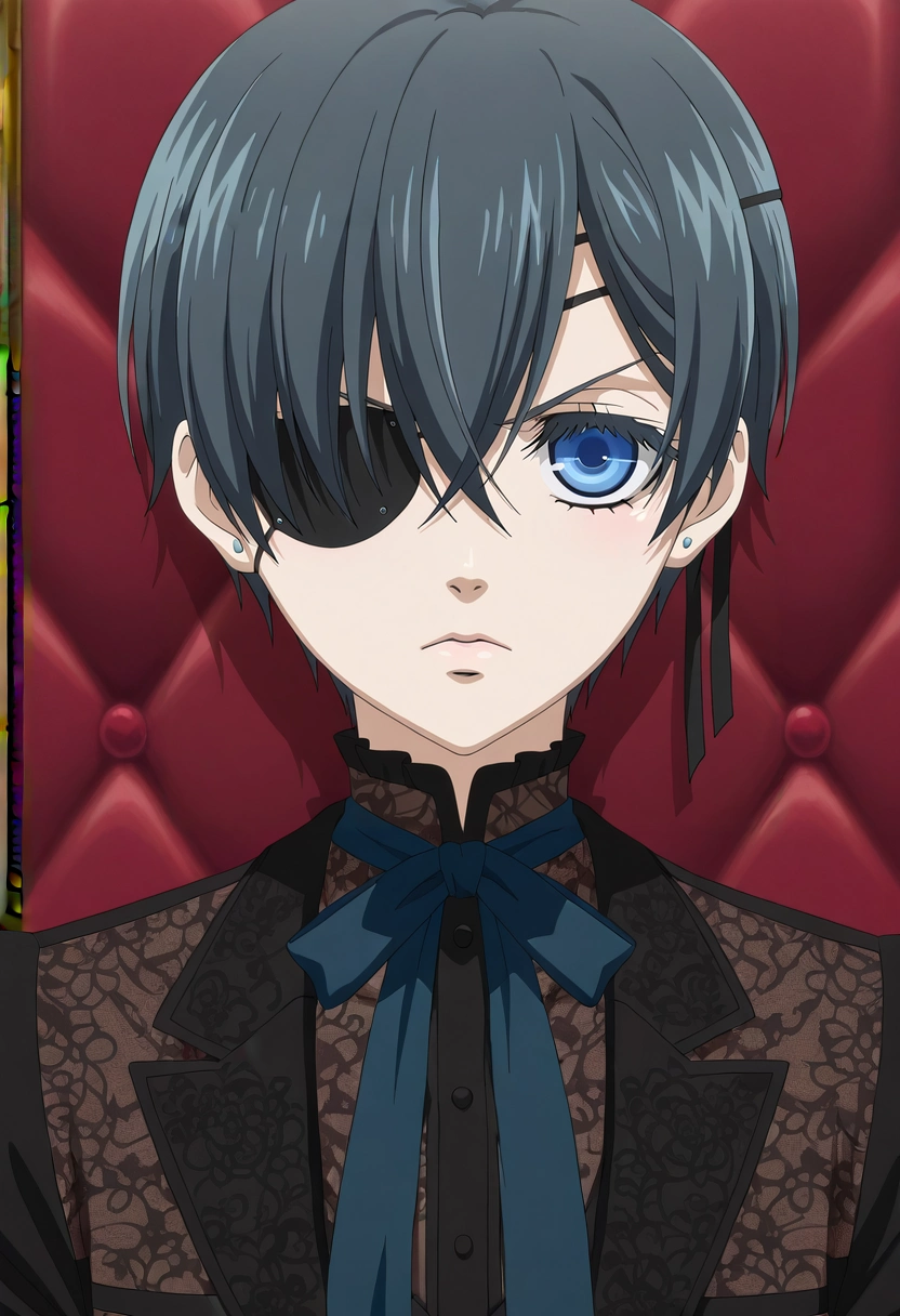 masterpiece, best quality, intricate details, anime screencap, anime coloring, official style, looking at viewer, 1boy, solo, male focus, <lora:ciel_phantomhive_ilxl:0.9>, ciel_phantomhive, black hair, blue eyes, short hair, eyepatch, ,
