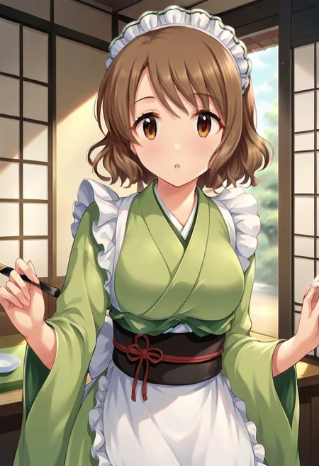 score_9, score_8_up, score_7_up, source_anime,tsukimiya miyabi, brown hair, brown eyes, short hair, 1girl, japanese clothes, solo, wa maid, kimono, maid headdress, green kimono, apron, looking at viewer, sash