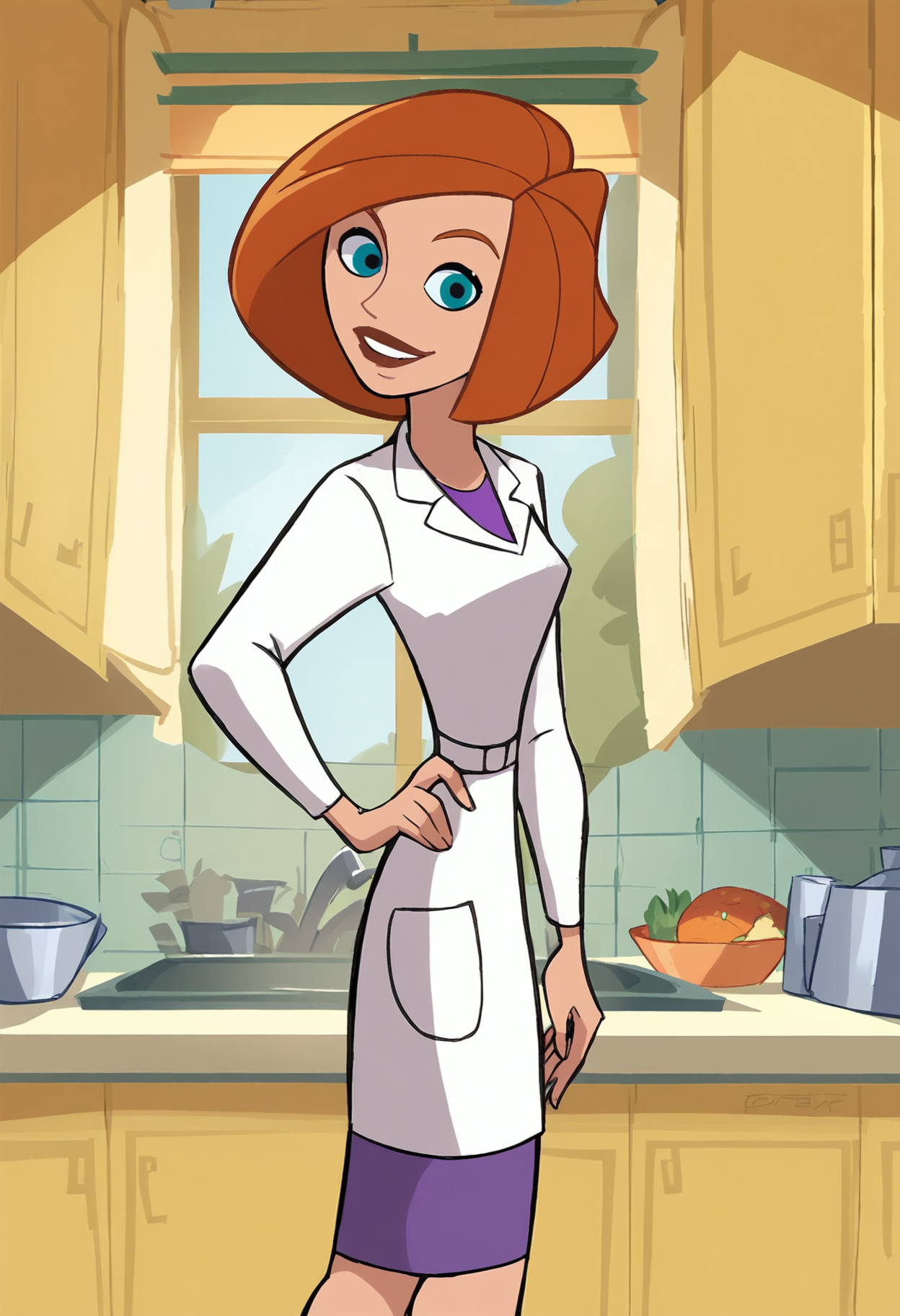 <lora:AnnPossiblePony1.0:1>annp, solo, 1girl, orange hair, blue eyes, short hair, labcoat, purple skirt, score_9, score_8_up,smile,  score_7_up, score_6_up, score_5_up, score_4_up, looking at viewer, hand on own hip, cowboy shot,kitchen,