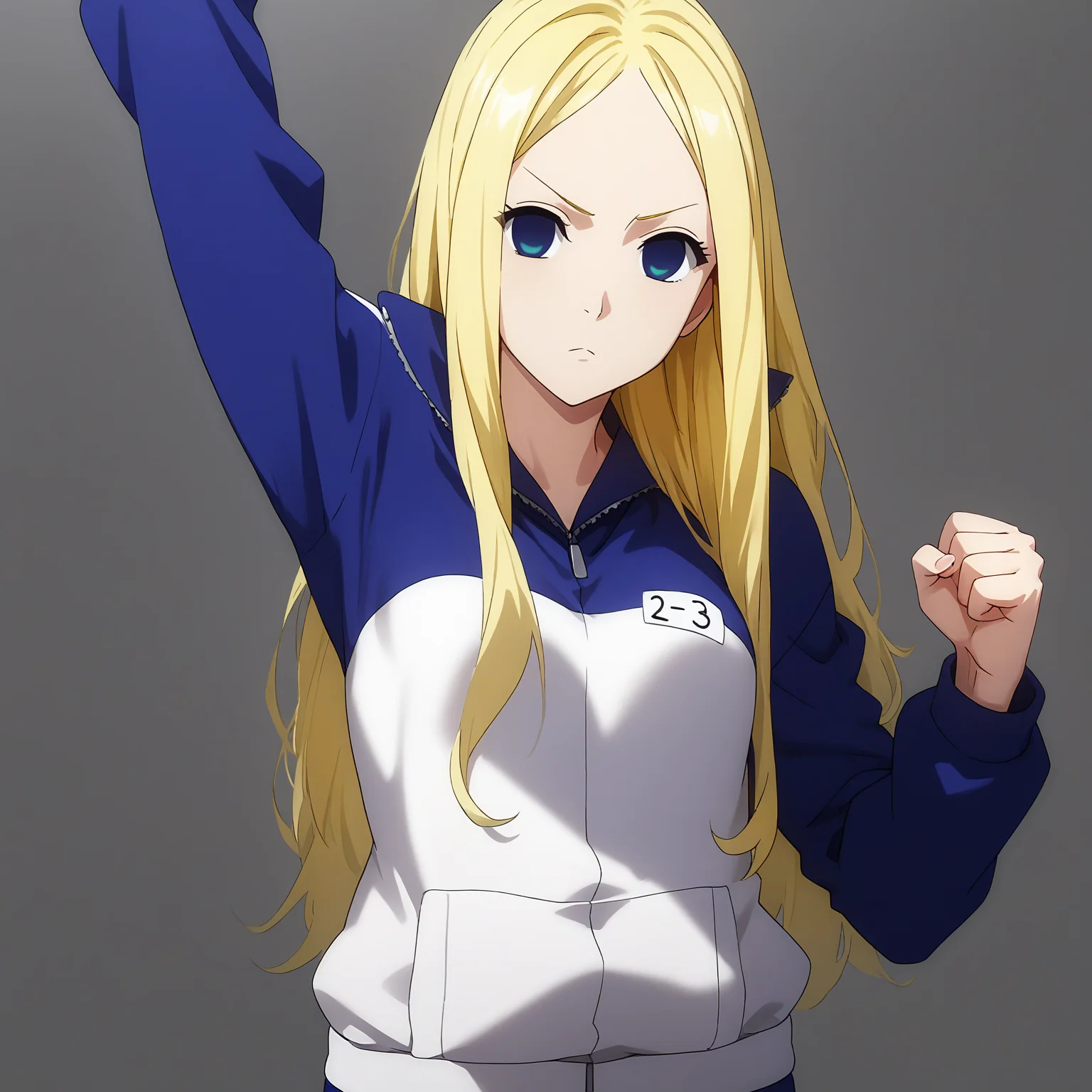 pixiv masterpiece, source_anime, score_9, score_8_up,  score_7_up, score_6_up, absurd res, BREAK
 <lora:Nino_arakawa_under_the_bridge_illu_v24-000017:1>, nino_arakawa_il, 1girl, solo, tracksuit, number_tag, small breasts, concentrated, white background, simple background,  clenched fist