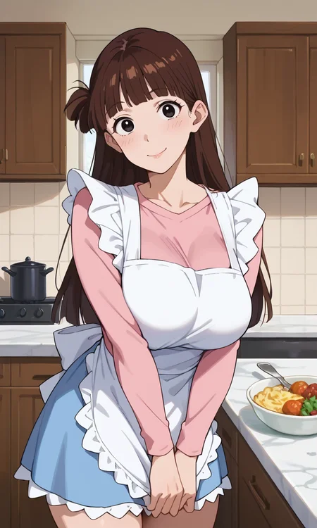 (1girl:1.5), (solo:1.3), (score_9, score_8_up, score_7_up, score_6_up, score_5_up, score_4_up), (source_anime), rating_questionable, looking at viewer, (face close-up:1.3), indoors, smile, happy, kitchen, cooking, 
(sakurada-moeko), (black eyes, eyelashes, brown hair, long hair, parody hair, voluminous bangs, fluffy bangs, mature female), (white frilled apron, full cover apron, pink shirt, long sleeves, light blue skirt), (huge breasts, wide hips, thick thighs), <lora:sakurada-moeko_v1:0.7>