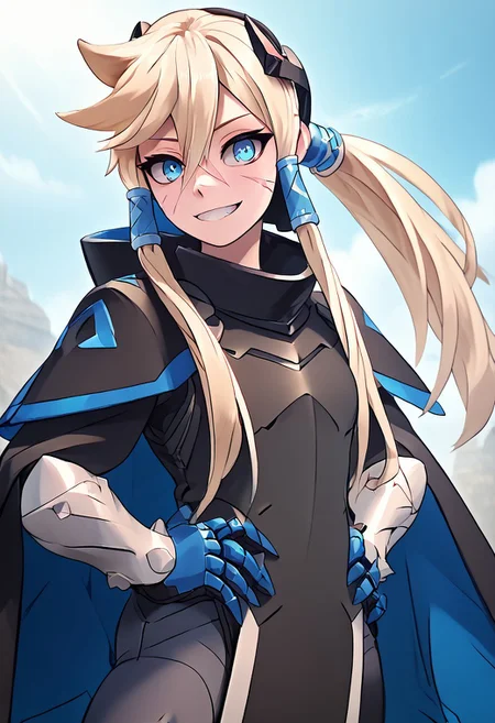 score_4,score_5,score_6,score_7_up,score_8_up,score_9 ((masterpiece,best quality,ultra detailed,highres,HD,4k:1.2)),
1 girl, solo, long hair, ponytail, blue eyes, sharp eyes, slanted eyes, hair tube, hair between eyes,facial scar, bangs, headgear,
cape, cloak, armor, spikes, gauntlets,
standing,hand on hip,
smile,