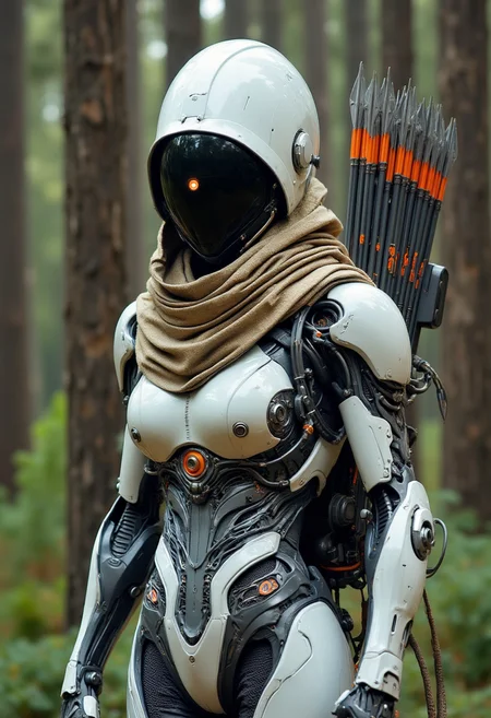Recypu style, Cyberpunk highly detailed, high-resolution photograph.
A futuristic, armored archer set in a forested environment. The central figure is a humanoid character dressed in a sleek, high-tech suit with a metallic, white and silver color scheme. The suit features intricate, angular lines and a combination of smooth and textured surfaces, suggesting advanced materials and technology. The helmet is a glossy, opaque black with a small, glowing orange eye on the left side, giving the impression of a cybernetic or artificial intelligence. The character is equipped with a large quiver of arrows strapped to their back, each arrow having a metallic, grey shaft with orange detailing and a pointed tip. A beige scarf is draped around their neck, adding a touch of humanity to the otherwise cold, mechanical appearance. The background is a dense forest with tall, blurred trees, creating a sense of depth and mystery. The lighting is natural, casting soft shadows that accentuate the textures and details of the suit and the surrounding foliage. This image combines elements of science fiction and fantasy, evoking a sense of adventure and otherworldliness.