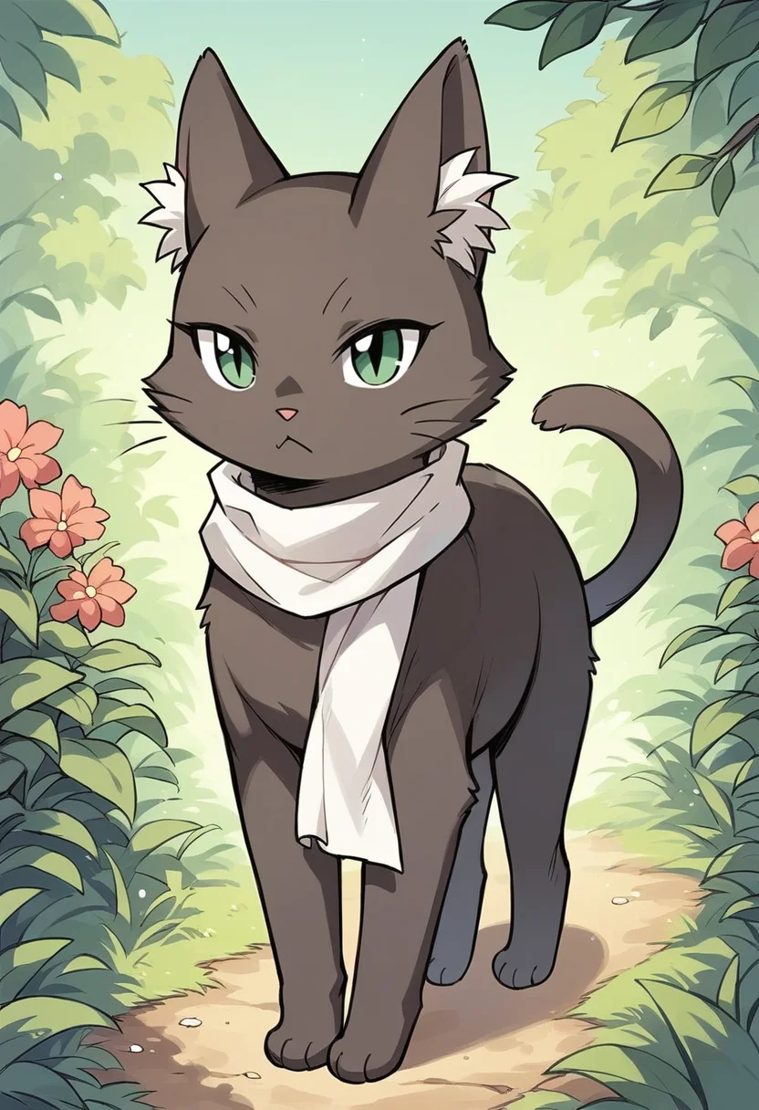 masterpiece, best quality, uncensored, source_anime BREAK score_9, score_8_up, score_7_up, score_6_up, score_5_up, score_4_up, 1girl, solo, catlulu, no humans, black cat, animal, feral, green eyes, whiskers, Expressiveh, white scarf, outdoors <lora:Expressive_H:0.6> <lora:add-detail-xl:0.5> <lora:lulu_xventure:0.85>