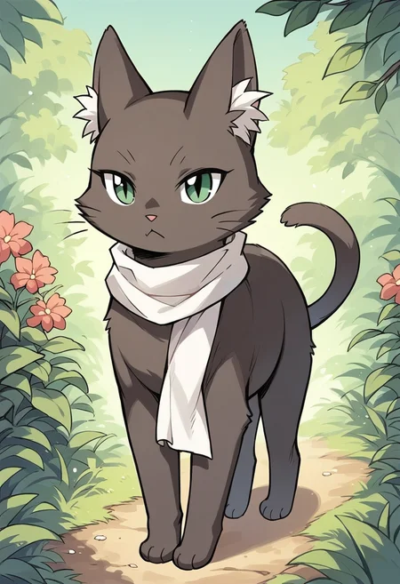 masterpiece, best quality, uncensored, source_anime BREAK score_9, score_8_up, score_7_up, score_6_up, score_5_up, score_4_up, 1girl, solo, catlulu, no humans, black cat, animal, feral, green eyes, whiskers, Expressiveh, white scarf, outdoors <lora:Expressive_H:0.6> <lora:add-detail-xl:0.5> <lora:lulu_xventure:0.85>
