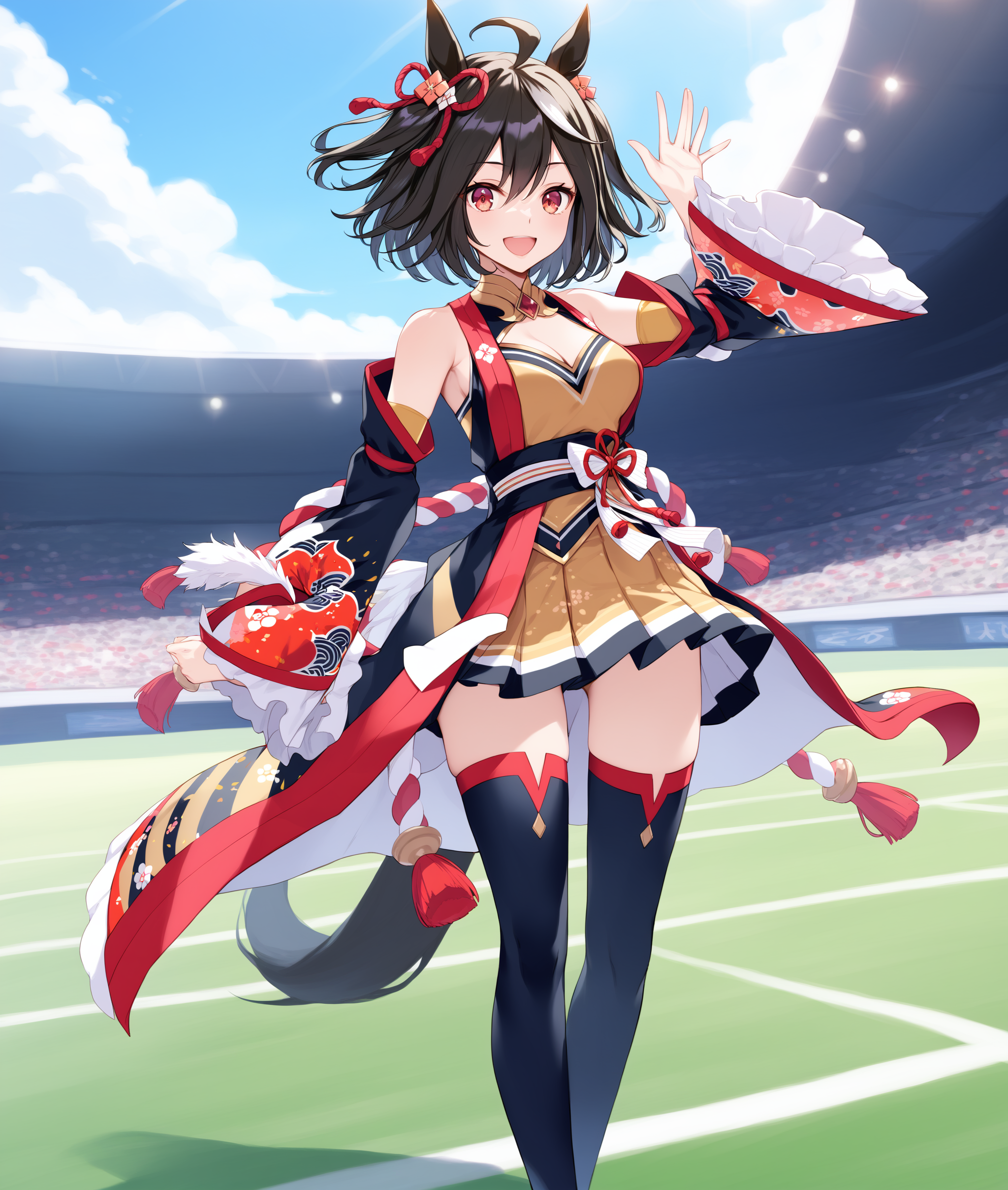 score_9, score_8_up, score_7_up BREAK
(grassland), racing, 
shobufuku, 1girl, solo, breasts, looking at viewer, smile, short hair, black hair, hair ornament, red eyes, thighhighs, animal ears, cleavage, hair between eyes, medium breasts, tail, full body, ahoge, white hair, multicolored hair, detached sleeves, (black thighhighs), streaked hair, clothing cutout, cleavage cutout, horse ears, horse girl, rope, horse tail, shimenawa, (standing), sing arm waving, laughing, 
<lora:Kitasan_Black-ponyXL_V1:0.8>,