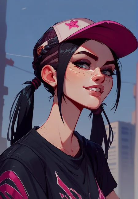 score_9, score_8_up, score_7_up, Portrait, 1girl, urban girl, punk, beautiful face high cheekbones, dark hair, baseball cap,twin-tails, freckles, mouth slightly open, teeth, cropped tee, leaning in, extreme-close-up, dynamic angle,  <lora:KWNTN:1> <lora:more_details:0.6>