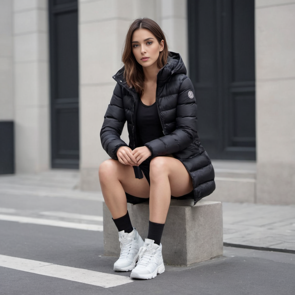 cute woman wearing a long black knee length moncler_hermine jacket (squatting: 1.5) in a street, hyperdetailed photography,4k textures,intricate details,4k resolution   ,  <lora:moncler_hermine_v1_r2-000007:0.3>