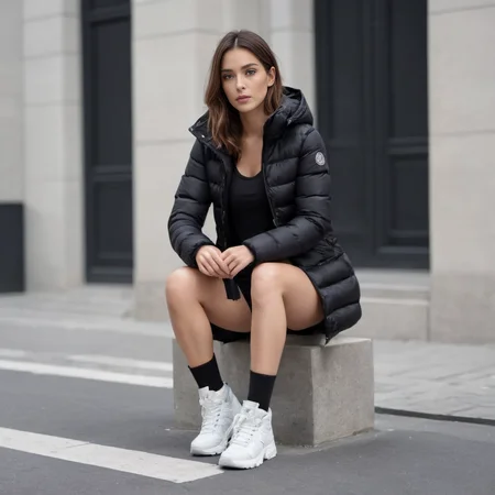 cute woman wearing a long black knee length moncler_hermine jacket (squatting: 1.5) in a street, hyperdetailed photography,4k textures,intricate details,4k resolution , <lora:moncler_hermine_v1_r2-000007:0.3>