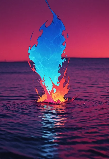 M100, photo in phst artstyle, a towering eerie Silhouette of a giant translucent dark-blue Aura boss with ethereal billowing hair Walking over a lake of burning water,. The photograph is a masterpiece of modern art, rendered in extremely high-quality RAW, 4k, sharp focus, high resolution, with film grain, creating a hyperpunk scene with desaturated dark red and blue details, colorful (polaroid:0.7) with vibrant colors, (vacations, high resolution:1.3), (small, selective focus, european film:1.2), (sexual advance:1.1), closeup