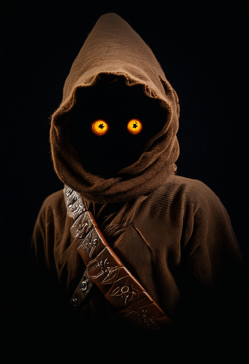 <lora:Jawa:1.2>,  Jawa-PXL,  jawa, faceless, 1other, cowboy shot, black background, simple background,