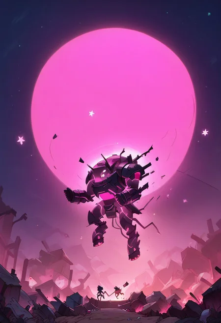 score_9, score_8_up, score_7_up, (((night time, pink lighting)), (dark airfield), giant mech, glowing eyes, (standing), (rubble, falling stars), (depth of field)