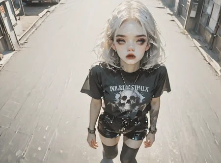 score_9, score_8_up, score_7_up, Fighting scene, shot from above, looking up against all odds, 1girl, pale skin, medium breasts, <lora:sm0k3XLP:1>, <lora:goth_clothes:1>, goth casual clothes, jewelry, black stockings, black shorts, Long white hair, young face, <lora:_sdxl-gaming-pony:1>, <lora:Niji_mix_style_v2:1>,