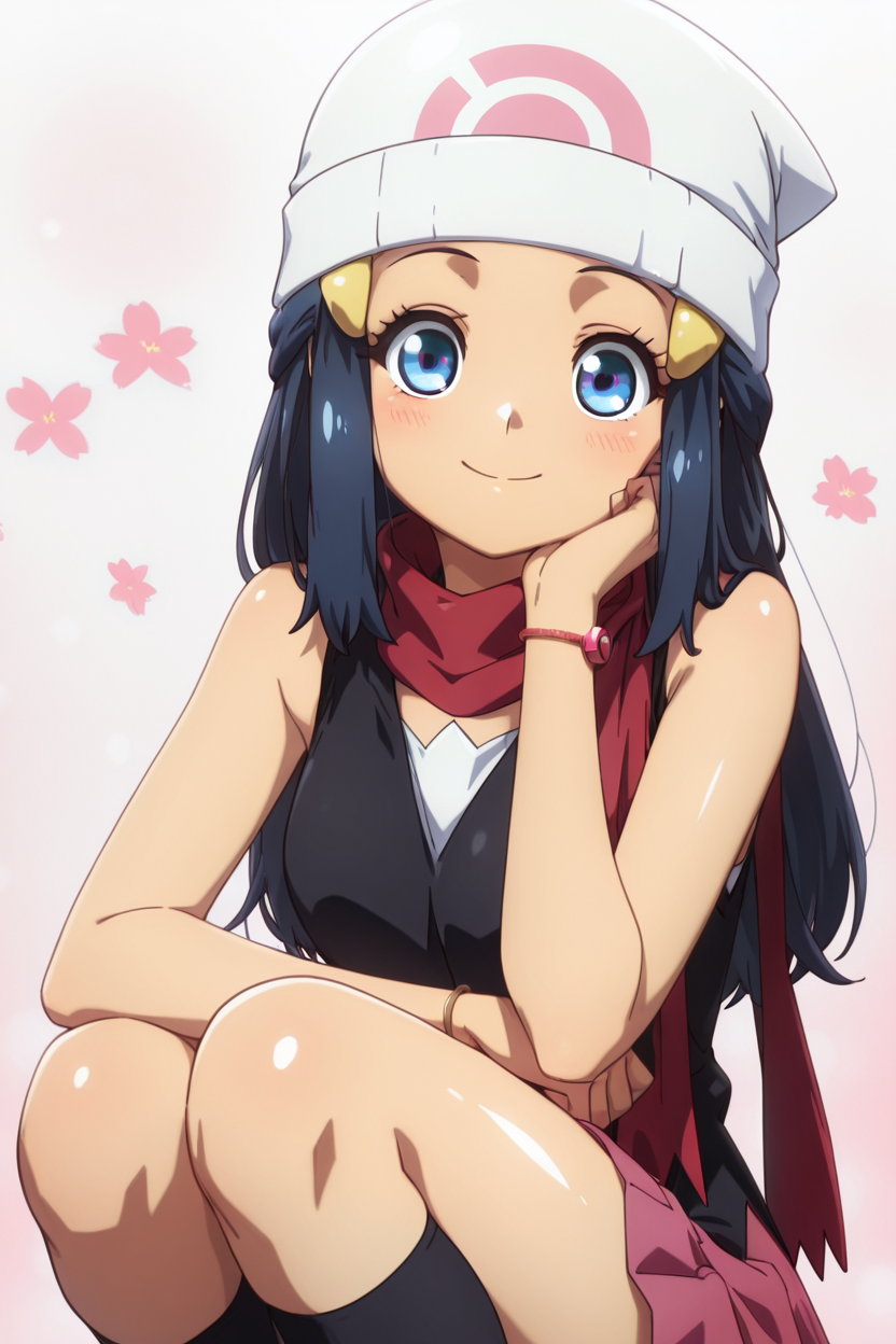 masterpiece, best quality, 1girl, solo, beautiful eyes, zzDawn, blue hair, blue eyes, sidelocks, long hair, bare shoulders, beanie, black shirt, black socks, bracelet, hat, jewelry, kneehighs, miniskirt, pink skirt, red scarf, scarf, shirt, skirt, sleeveless, sleeveless shirt, white headwear,  <lora:DawnPokemonIXL_e07:1.0>  <lora:OkitsuraStyleIXL:1.0>, upper body, smile, looking at viewer, shiny skin,