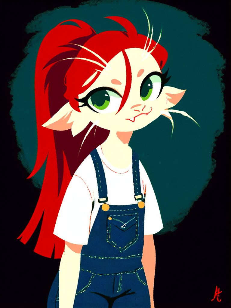 (ariral:1.1), female, white body, (red long hair:1.1), ponytail, green eyes, cute fangs, whiskers, white t-shirt, red overalls, full body portrait, standing, flat shading, poster \(medium\), ðï¸, simple background, english text, f3nn3r, minimalist lineless art  <lora:ariral xl 1024 v1.1 rank128 pony:1> <lora:f3nn3rXLP:0.5>, score_9, score_8_up, score_7_up, score_6_up, score_5_up, score_4_up