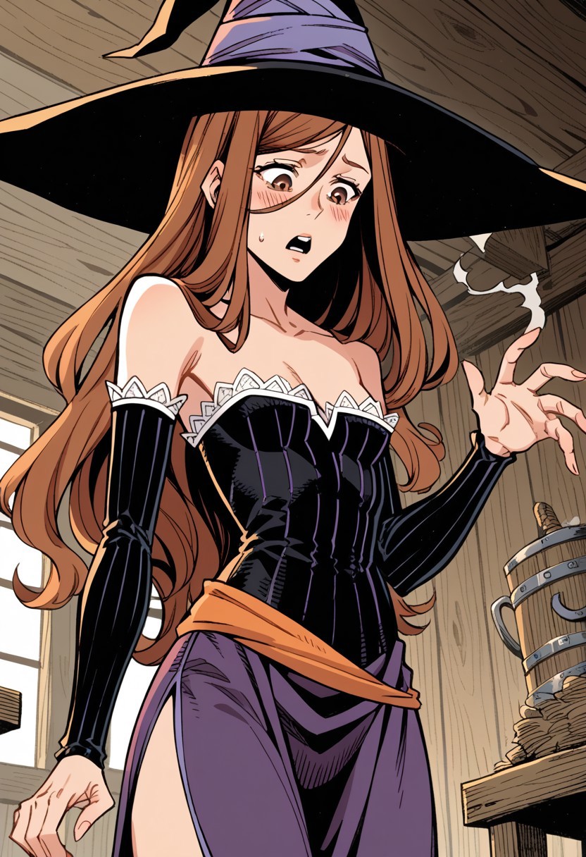 1girl, brown hair,solo, brown eyes, long hair, witch hat, dress, cleavage, detached sleeves, side slit, flat chest, age regression, , looking down, surprised, blush, smoke, indoors, hut, chauldron,  <lora:Sorceress_DC:1>, score_9, score_8_up, score_7_up, score_6_up, score_5_up, score_4_up, BREAK source_anime, masterpiece