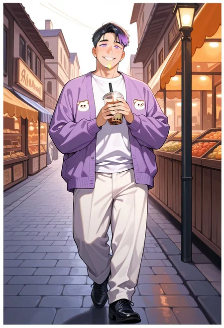 masterpiece, best quality, absurdres, newest, perfect quality, best quality, absolutely eye-catching, detailed background, intricate details, male, 1boy, mature man, aged man, solo, male focus, mbti_entp, black hair, multicolored hair, pink eyes, white shirt with bear print, purple cardigan, white pants, black footwear, outdoor, marketplace, shops, street lamp, stoned ground, warm natural lighting, lively and bustling atmosphere, background details visible, cheeky expression, smile, mouth open, holding cup boba milk tea, walking to viewer