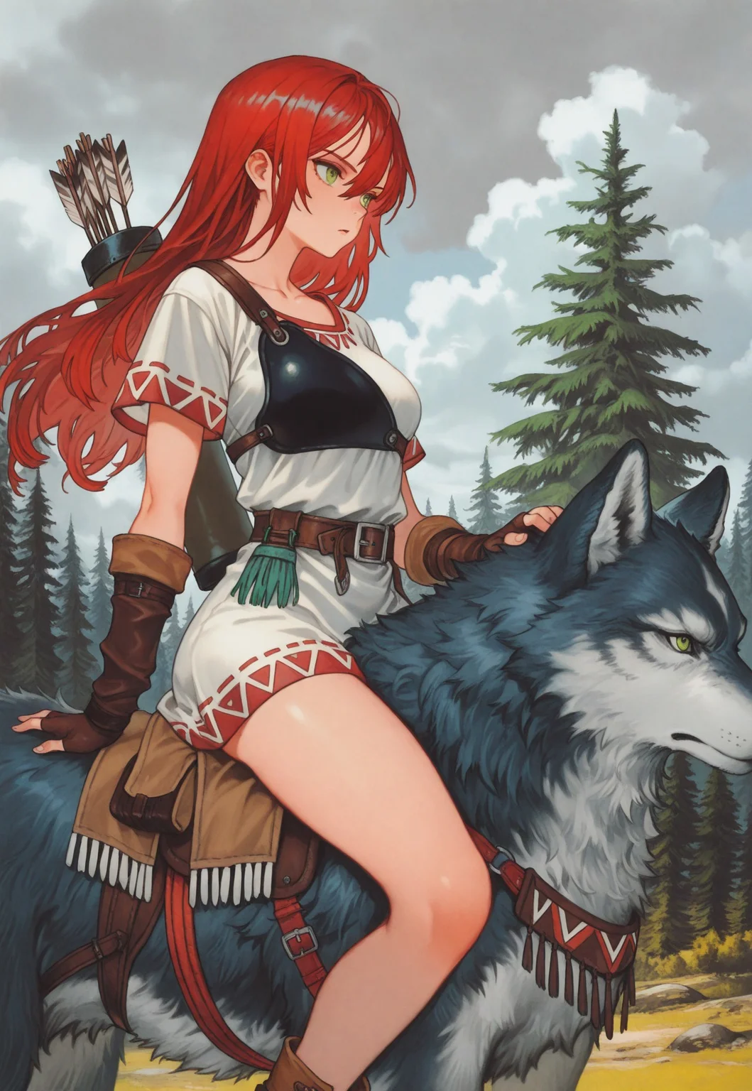 masterpiece, best quality, very aesthetic, absurdres,
cowboy shot, 1girl, solo,
wolf rider, green eyes, red hair, long hair, hair between eyes, medium breasts, collarbone, bare legs,
native american clothes, white tunic, chest guard, muneate, short sleeves, red trim, elbow gloves, fingerless gloves, brown gloves, belt, ankle boots,
quiver,
parted lips, from side, serious,
riding animal, huge wolf, size difference, straddling,
outdoors, forest, pine tree, nature, cloudy sky, day,
oygilmb
rakugakingu
bdbgil