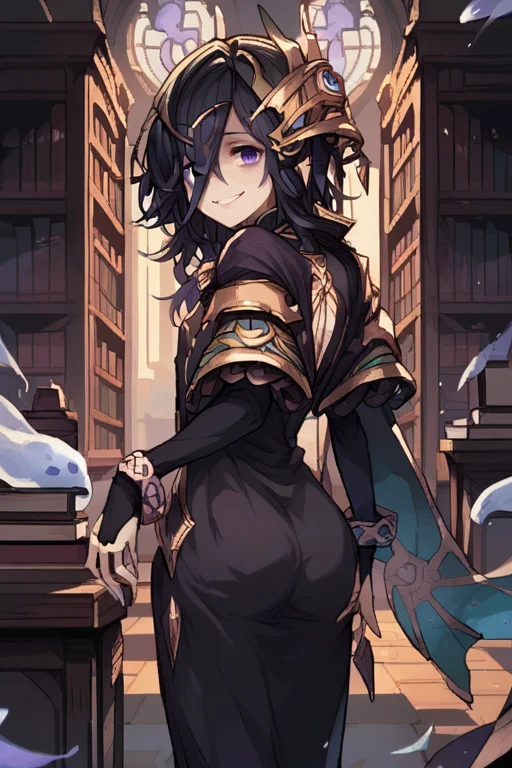 score_9, score_8_up, score_7_up, score_6_up, score_5_up, source anime, solo, 1girl, smile, looking at viewer, realistic background, library, thin arms, narrow shoulders, petite, long hair, flat chest, black hair , long hair, hair ornament, <lora:655-10:1>, (lich \(granblue_fantasy\)), bags under eyes, black dress, purple eyes, (from behind), ass, cowboy shot, <lora:d3p1x3lXLP:0.8> , d3p1x3l, pixel art, scenery,