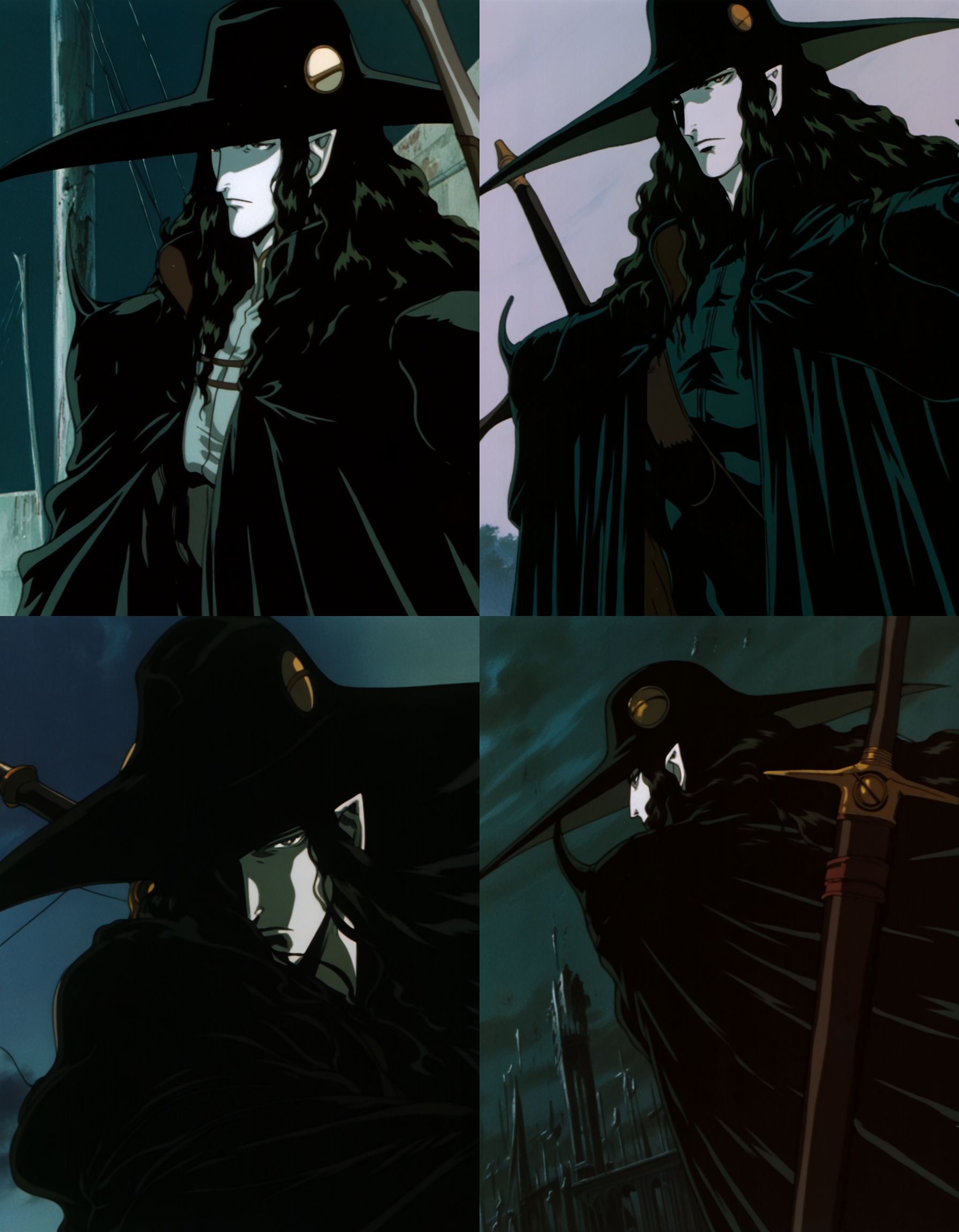 best quality, highres, absurdres, (traditional media, refined digital media \(artwork\):0.6),  masterpiece, anime screenshot, 1990s (style),
(artist: sabu \(sabudenego\):0.6),universal portrait, angle, dynamic, perspective, solo,
d \(vampire hunter d\), pale skin,1boy, male focus, hat, pointy ears, black hair, long hair,  sword, upper body, dark theme, outdoors, shirt,  <lora:Vampire Hunter D Illustrious-step00000700:0.9>