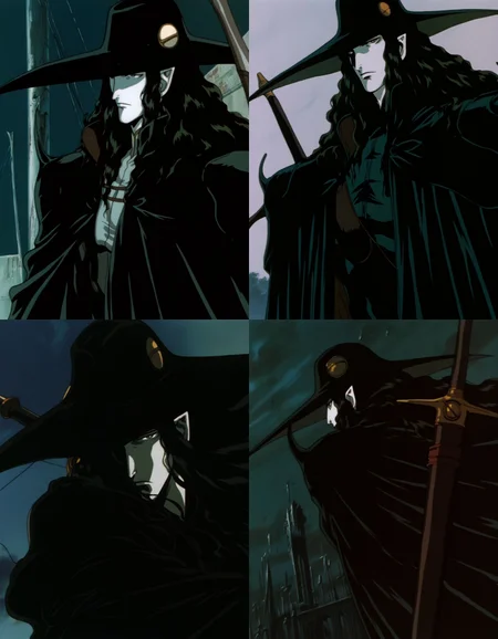best quality, highres, absurdres, (traditional media, refined digital media \(artwork\):0.6),  masterpiece, anime screenshot, 1990s (style),
(artist: sabu \(sabudenego\):0.6),universal portrait, angle, dynamic, perspective, solo,
d \(vampire hunter d\), pale skin,1boy, male focus, hat, pointy ears, black hair, long hair,  sword, upper body, dark theme, outdoors, shirt,  <lora:Vampire Hunter D Illustrious-step00000700:0.9>