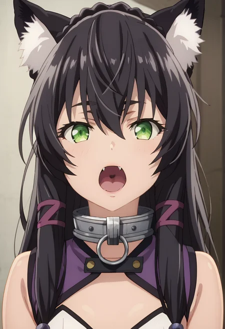 score_9, score_8_up, score_7_up,source_anime,best quality, highly detailed, perfect anatomy,amazing quality,<lora:anime_screencap:1>fine anime screencap_xl, anime screencap
BREAK
 <lora:rem:0.8>rem, animal ears, animal ear fluff, metal collar, cat ears, collar, black hair, green eyes, open mouth, long hair, cat girl, hair between eyes, bangs, braid, fang, upper body, solo focus, looking at viewer
