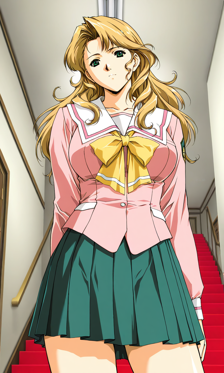 masterpiece, best quality, good quality, <lora:Maejima_Kaori_IS:1>  horibe hiderou style,
Maejima_Kaori, long hair, green eyes, blonde hair, large breasts, pink school uniform, green skirt, pleated skirt, pink serafuku, 
long sleeves, looking at viewer, Yellow bow, standing, looking at viewer, cowboy Shot, from below room, antique, red carpet,