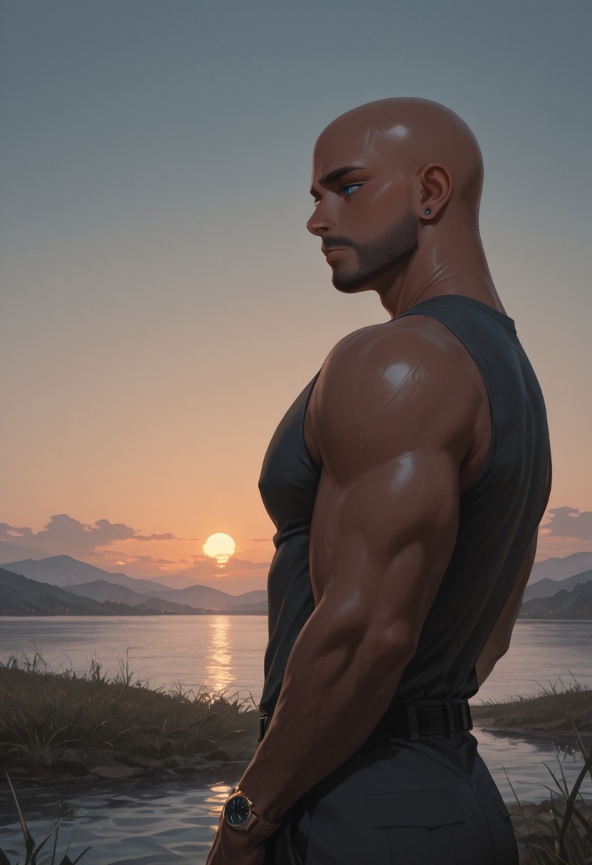 masterpiece, best quality, amazing quality, absurdres, newest, detailed background, definition so sharp, Ultra-HD, 8K cinematic, very awa, impressionate, amazing quality, highres, 
1boy, mbti_estj, muscular man, mature man, bald, dark skin, facial hair, blue eyes, watch, solo, lakeside, golden hour, gentle breeze, calm water, serene, natural light, soft glow, contemplating, looking at view, relaxed posture, earth tones, tranquil atmosphere, high quality, aesthetic, landscape