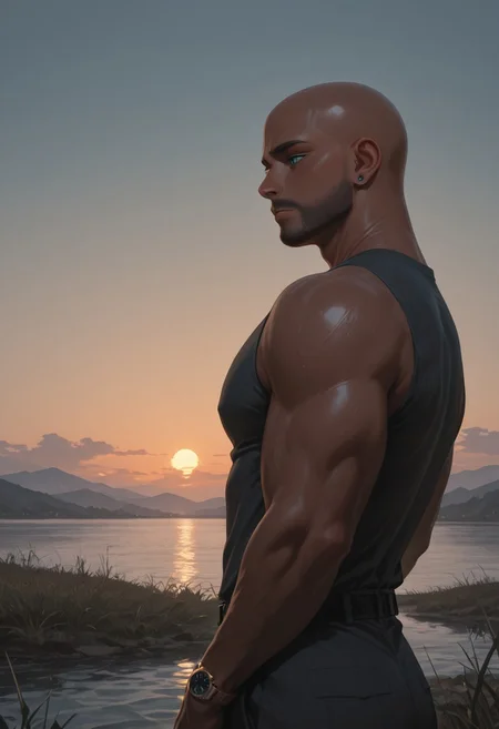 masterpiece, best quality, amazing quality, absurdres, newest, detailed background, definition so sharp, Ultra-HD, 8K cinematic, very awa, impressionate, amazing quality, highres,
1boy, mbti_estj, muscular man, mature man, bald, dark skin, facial hair, blue eyes, watch, solo, lakeside, golden hour, gentle breeze, calm water, serene, natural light, soft glow, contemplating, looking at view, relaxed posture, earth tones, tranquil atmosphere, high quality, aesthetic, landscape
