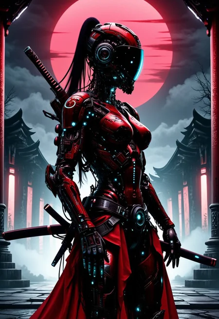 silhouette art, ink on ricepaper, female cyberpunk robot samurai, robot face with mirrored face shield, hyperdetailed helmet, red plated armour, robot joints, body made of metals, cables and wires, a katana strapped to her back, silhouetted at night outside eastern temple, chiascuro, directional lighting