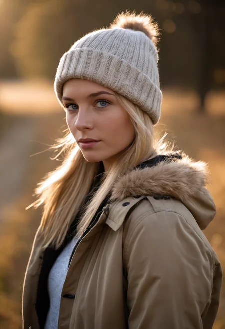 sdxl_doutmurpv1, cinematic photo, Relieved, perfect low ponytail hair, bracelet, (faux fur-lined parka with skinny jeans and beanie), portrait, captured in natural golden hour light, soft shadows, ambient realism, organic color palette, gently blurred background, highly detailed