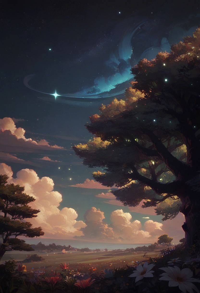 score_9, score_8_up, score_7_up, score_6_up, arkn, no humans, sky, outdoors, flower, star (sky), scenery, night, field, in tree, detailed drawing