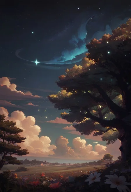 score_9, score_8_up, score_7_up, score_6_up, arkn, no humans, sky, outdoors, flower, star (sky), scenery, night, field, in tree, detailed drawing