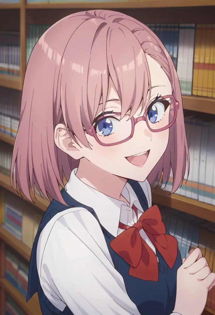 score_9, score_8_up, score_7_up, source_anime,lilysa amano, 1girl, solo, glasses, blue eyes, bookshelf, smile, bow, school uniform, shirt, red bow, white shirt, open mouth, looking at viewer, pink-framed eyewear